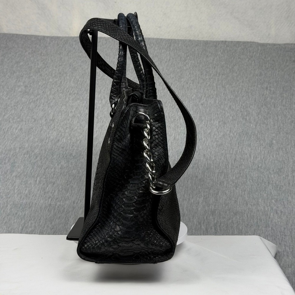 Michael Kors Hamilton Black Snakeskin Embossed Leather Satchel Handbag Silver HW - Picture 2 of 11